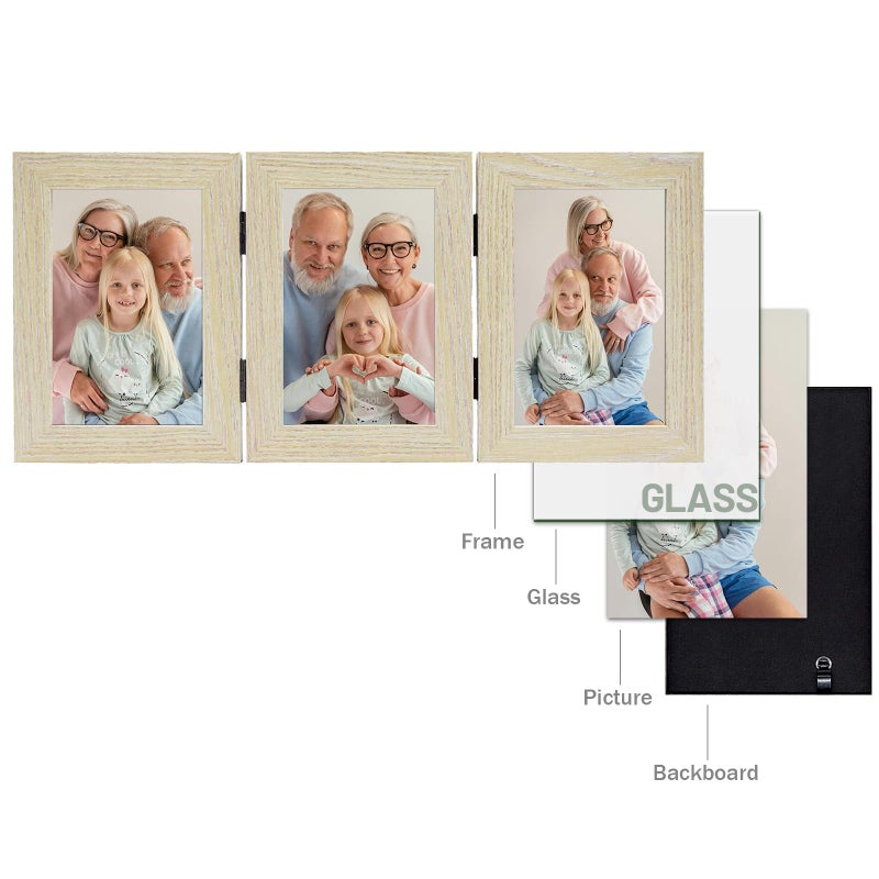 Frametory, 3 Picture Frames 4x6 Trifold Photo Frames Collage - Real Glass - Triple Folding (Natural, 1 Pack) - Image 3